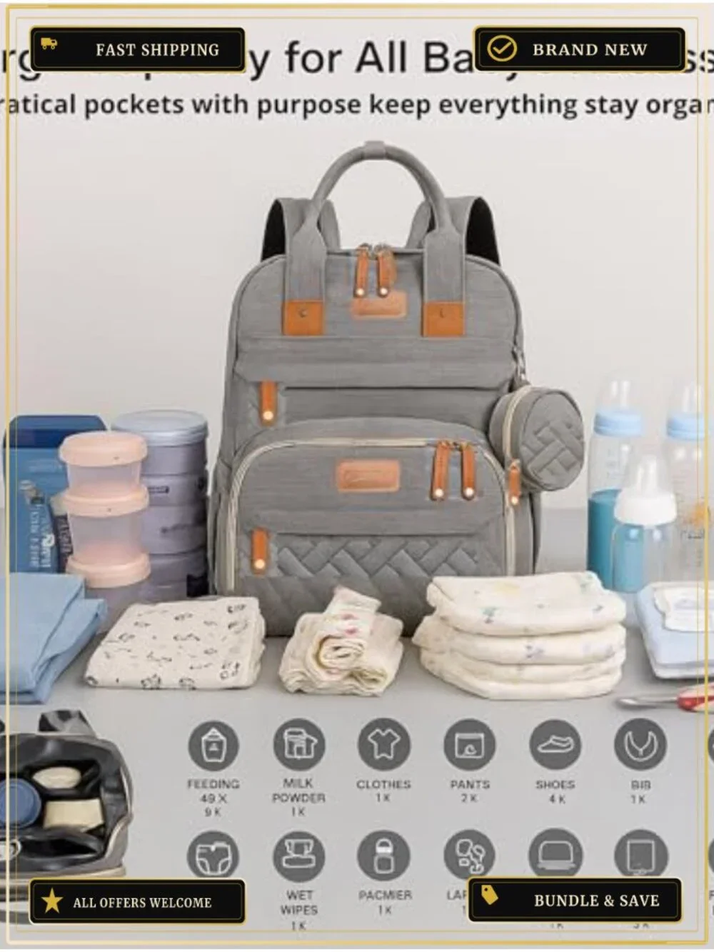 Convertible 3-in-1 Diaper Bag Backpack Waterproof Oxford Canvas with Changing